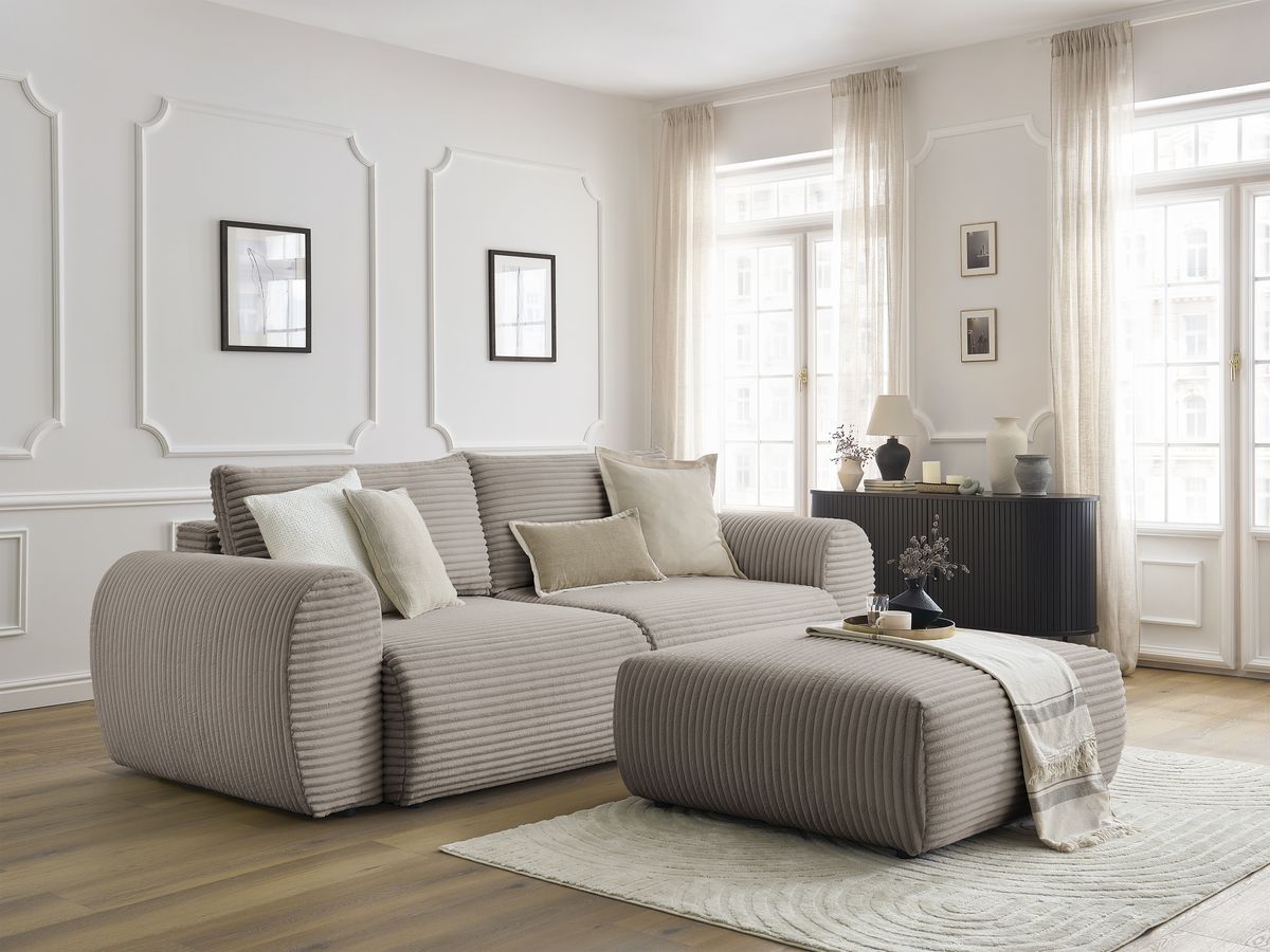 Bobochic Lucien Schlafsofa 4-Sitzer mit Bettkasten und Pouf Breitcord weich Taupe