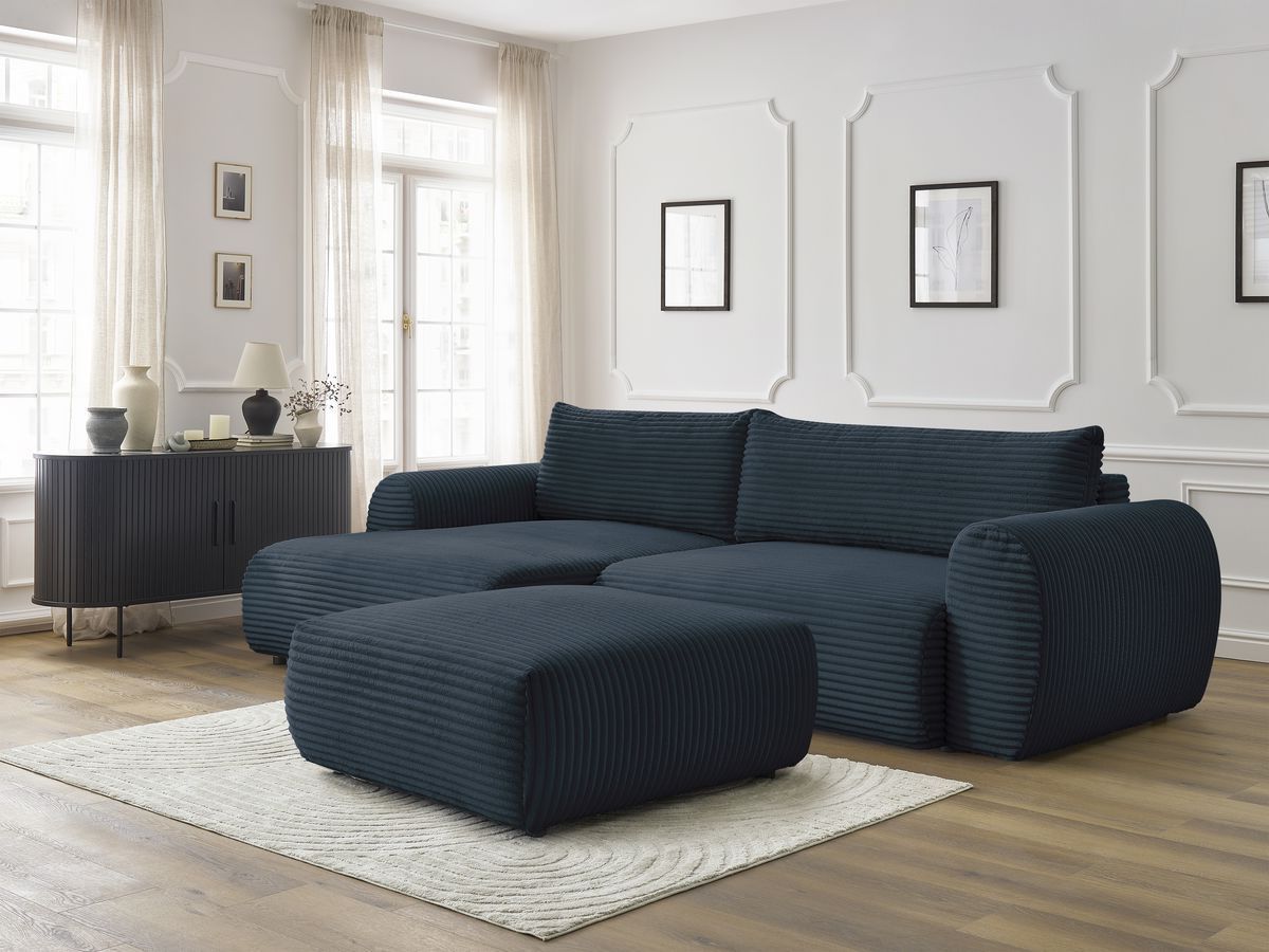 Bobochic Lucien Ecksofa mit Schlaffunktion und Bettkasten und Pouf 314 × 167 cm Breitcord weich Dunkelblau Ecke links