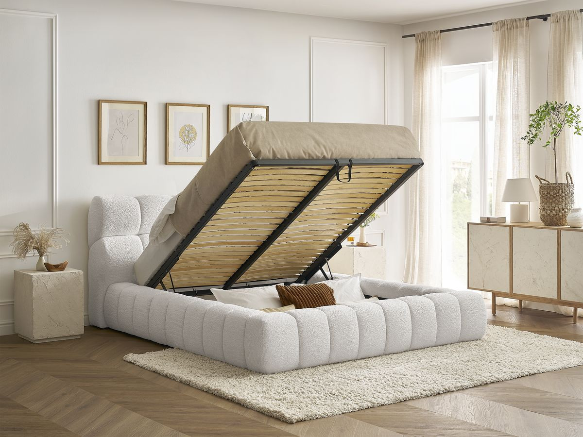 Bobochic Mont-blanc Polsterbett mit Bettkasten Bouclé-Stoff Weiß, Liegefläche 160 × 200 cm