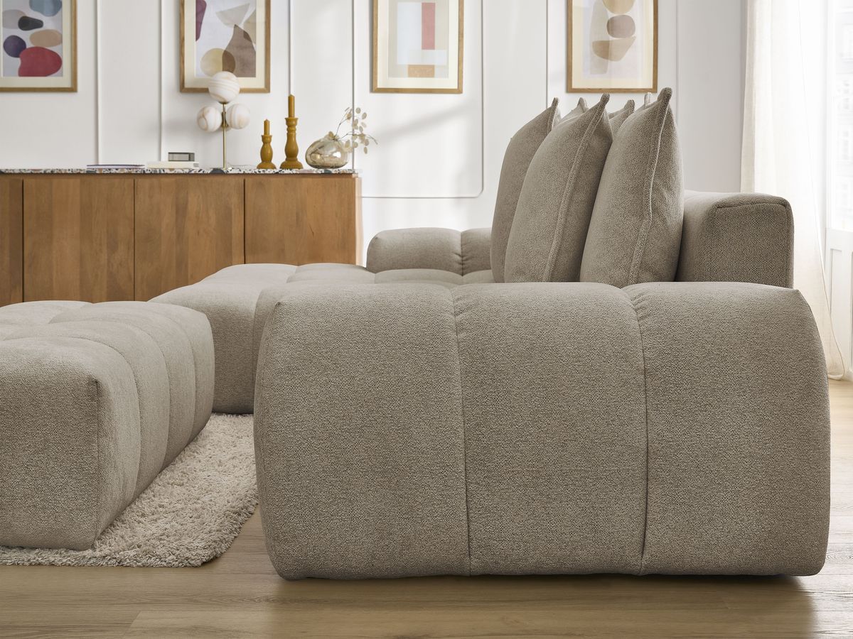 Bobochic Everest Ecksofa mit Schlaffunktion und Bettkasten und Pouf 318 × 180 cm, 7 Kissen Melange-Stoff Taupe Ecke links