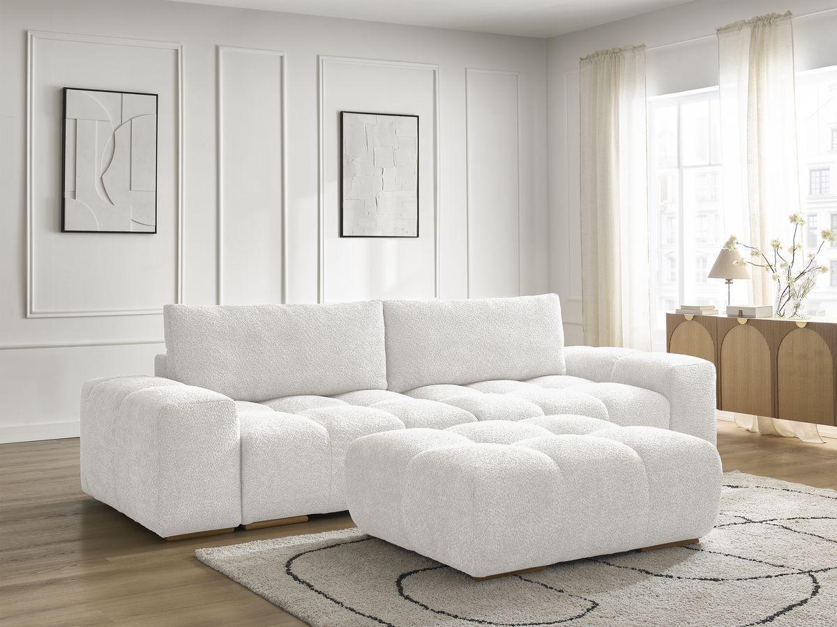 Bobochic Anakin Sofa 3-Sitzer mit Pouf, 2 Kissen Bouclé-Stoff Weiß