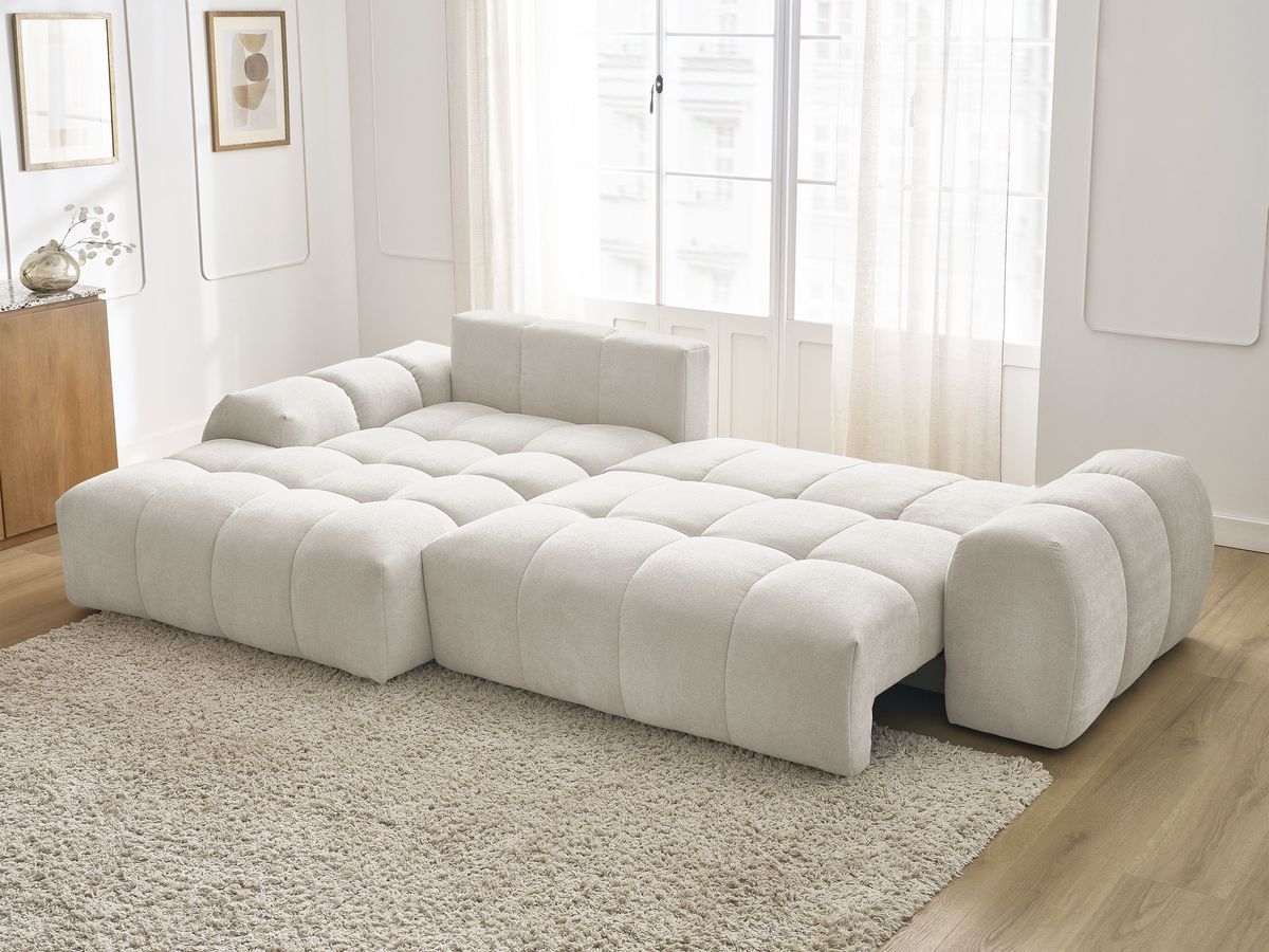 Bobochic Everest Ecksofa mit Schlaffunktion und Bettkasten 318 × 180 cm, 7 Kissen Strukturstoff Weiß Ecke links