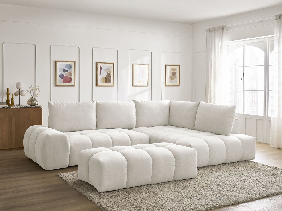 Bobochic Everest Ecksofa mit Schlaffunktion und Bettkasten und Pouf 320 × 212 cm, 5 Kissen Strukturstoff Weiß Ecke rechts