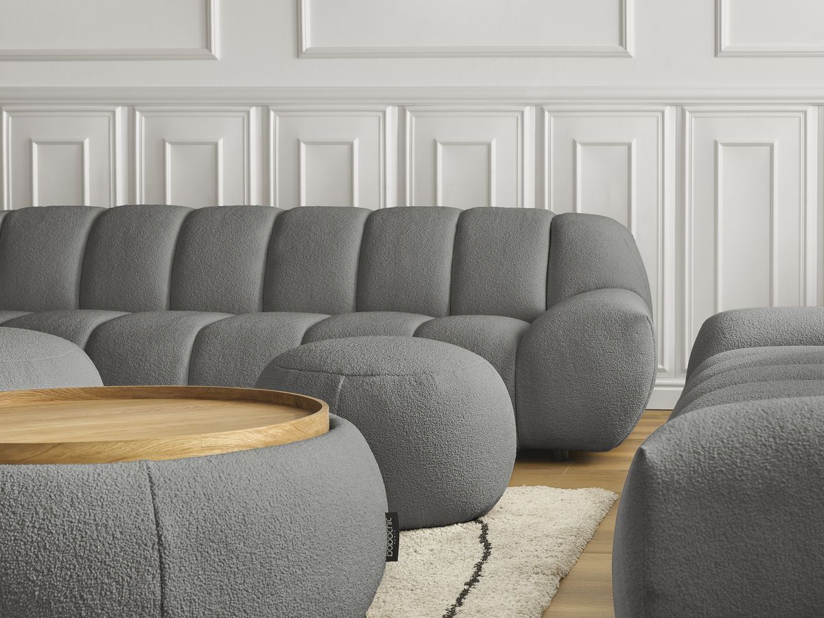 Bobochic Hayden Sofa 7-Sitzer mit Pouf Bouclé-Stoff Dunkelgrau