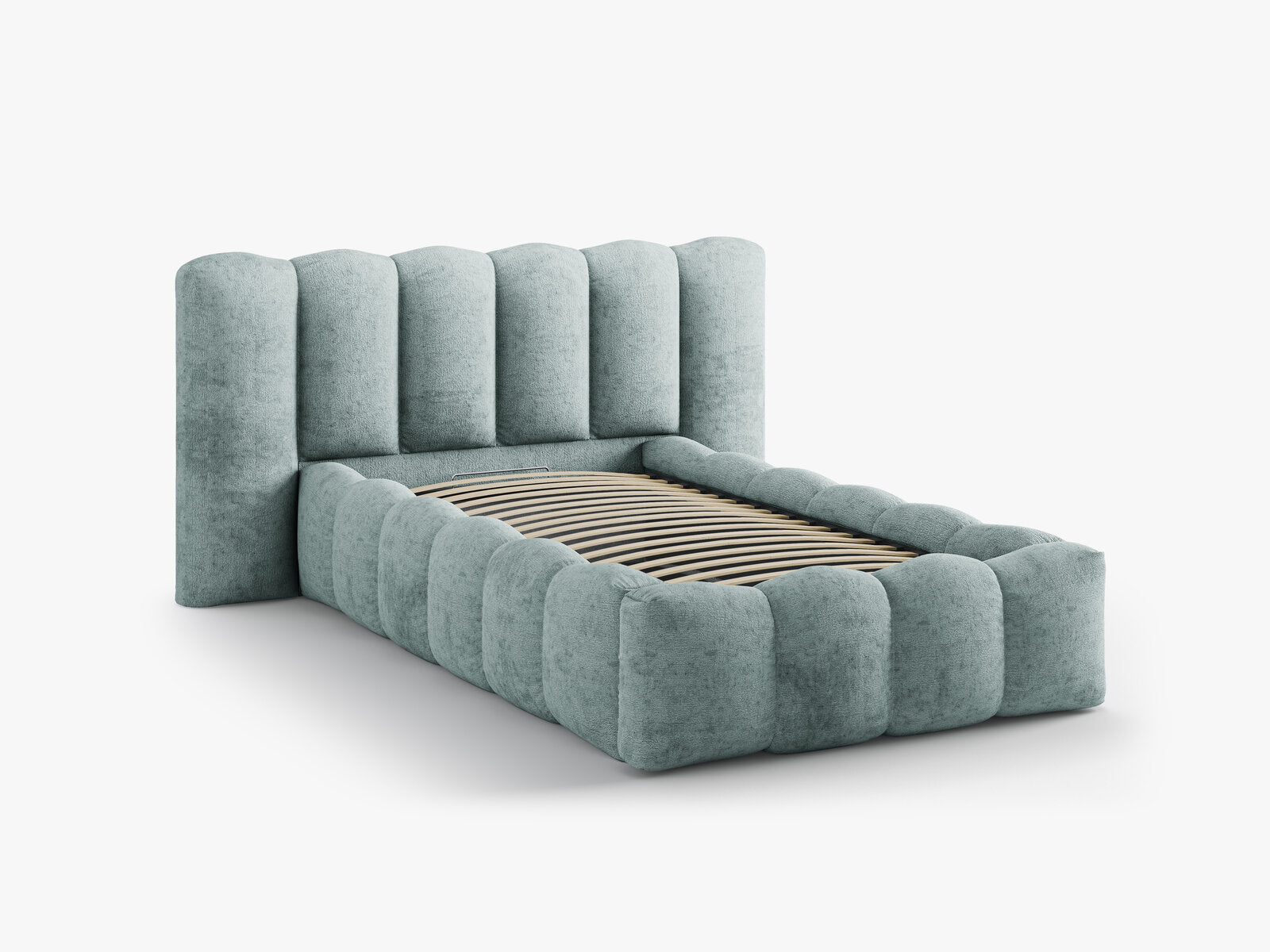 Micadoni Stauraumbett mit Kopfteil Lupine Chenille Perfect Harmony Hellblau 90x200