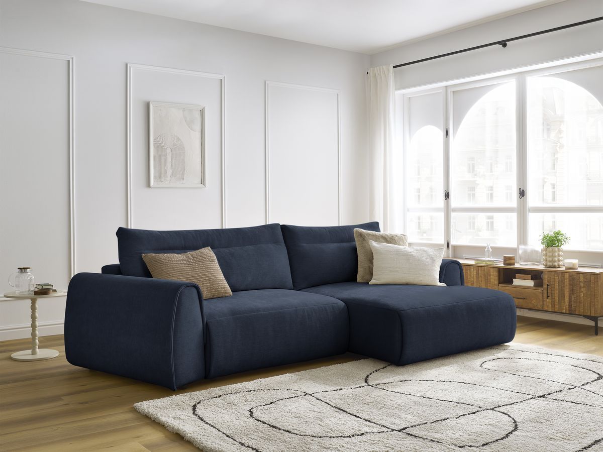 Bobochic Aden Ecksofa 293 × 152 cm Stoff Dunkelblau Ecke rechts