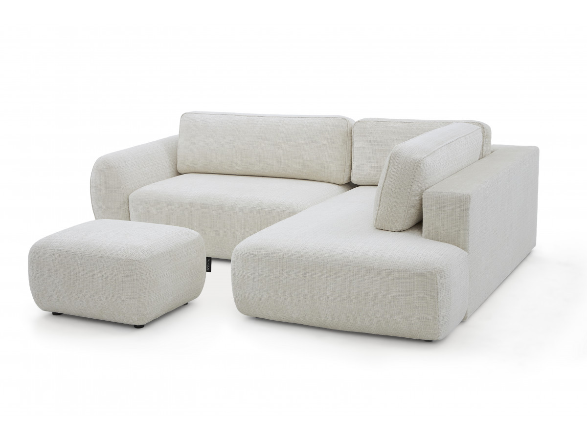 Bobochic Denise Ecksofa mit Schlaffunktion und Bettkasten und Pouf 256 × 197 cm Strukturstoff Weiß Ecke rechts