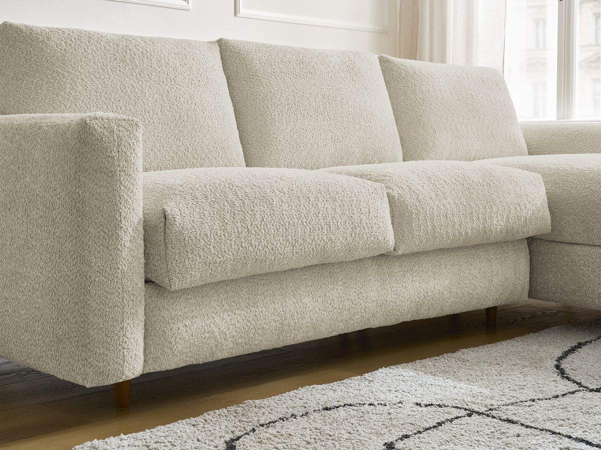 Bobochic Cocoone Ecksofa mit Schlaffunktion und Bettkasten Bouclé-Stoff Beige, Liegefläche 160 × 200 cm