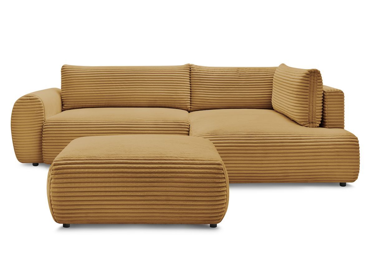Bobochic Lucien Ecksofa mit Schlaffunktion und Bettkasten und Pouf 296 × 198 cm Breitcord weich Gelb Ecke rechts