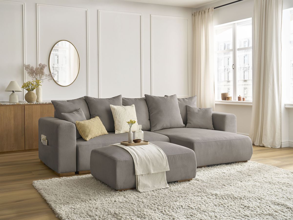 Bobochic Sidonie Ecksofa mit Schlaffunktion und Bettkasten und Pouf Cordsamt Taupe