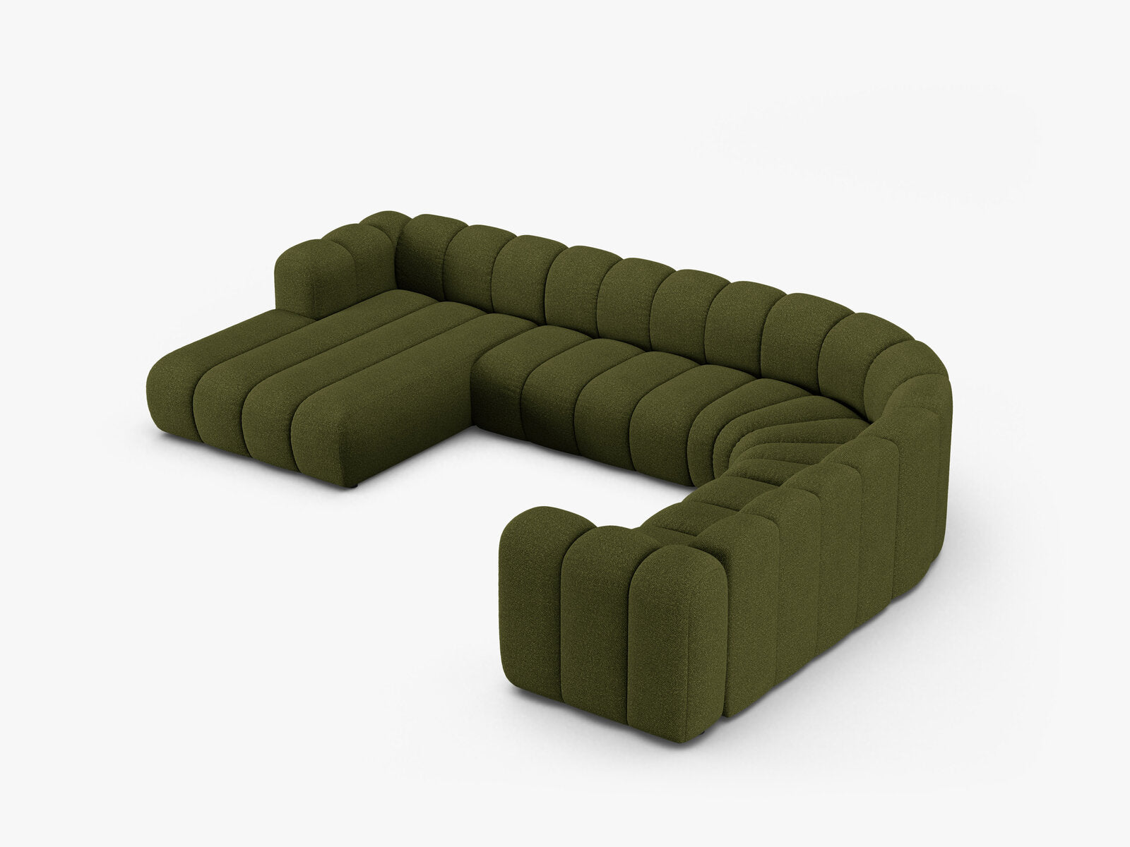Micadoni Modulares Panorama Ecksofa Lupine 6-Sitzer Rechts Boucle Baloo Dunkel-Olivgrün