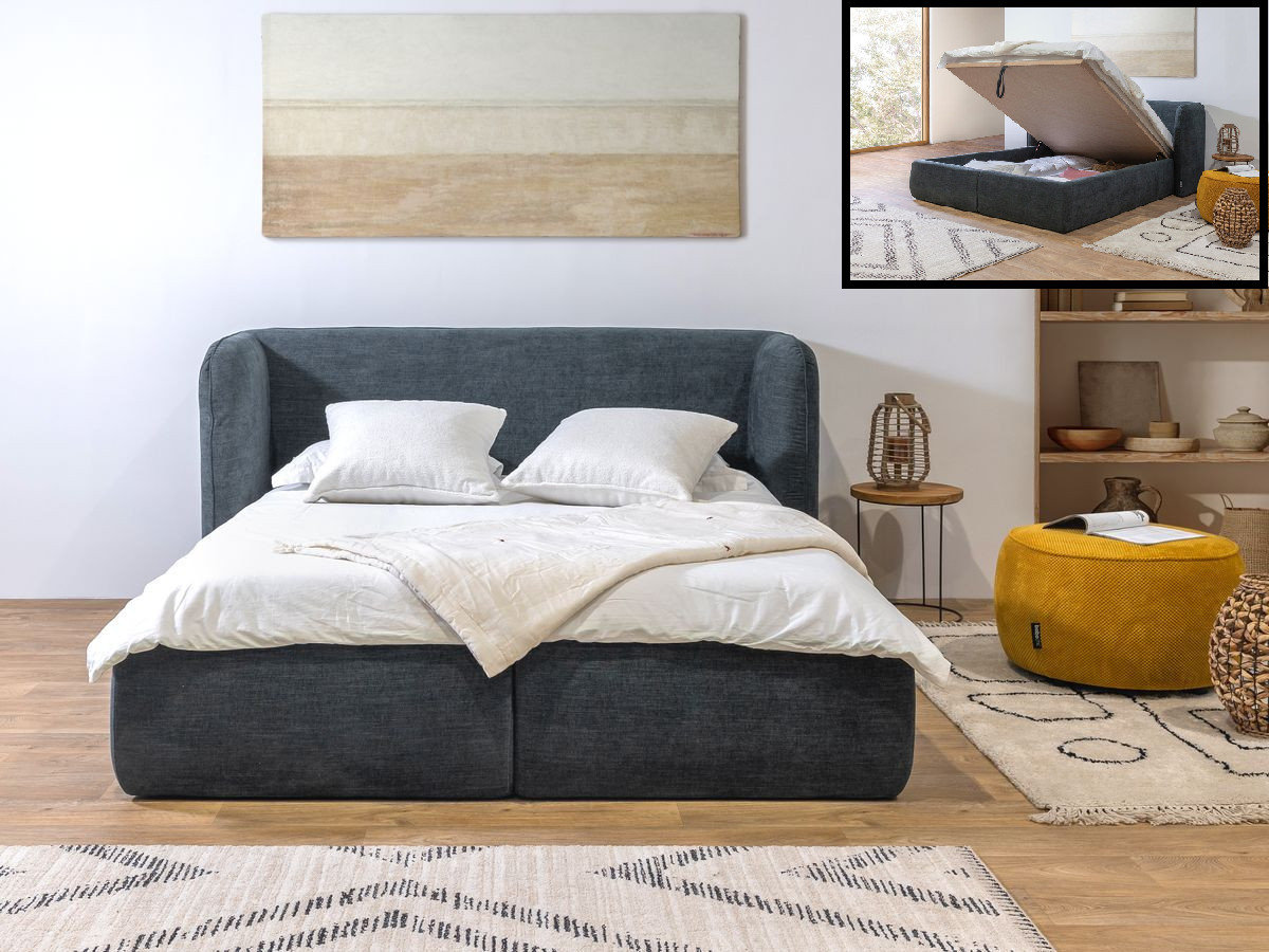 Bobochic Louise Polsterbett mit Bettkasten Stoff Dunkelblau, Liegefläche 160 × 200 cm