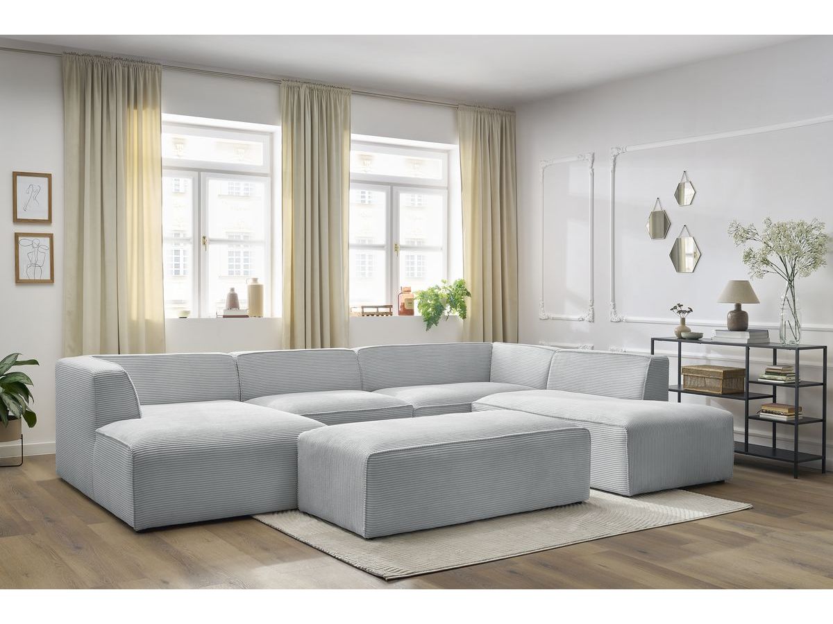 Bobochic Megeve Wohnlandschaft mit Pouf Cordsamt Hellgrau Ecke links