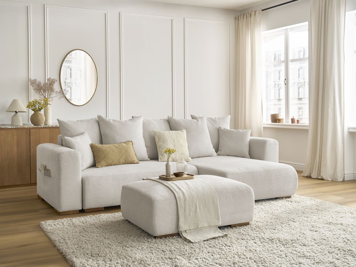 Bobochic Sidonie Ecksofa mit Schlaffunktion und Bettkasten und Pouf Melange-Stoff Beige