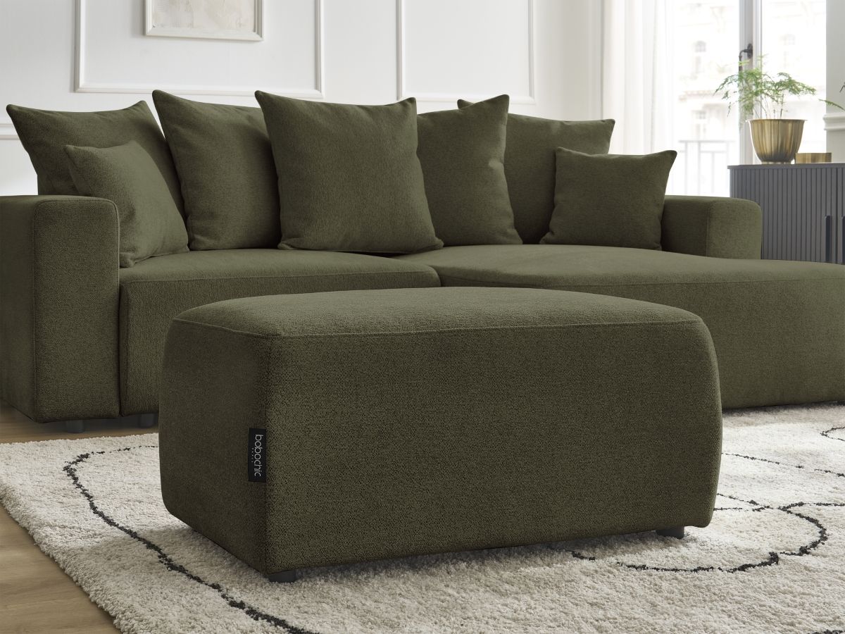 Bobochic Atilla Ecksofa mit Schlaffunktion und Bettkasten und Pouf Melange-Stoff Grün Ecke rechts