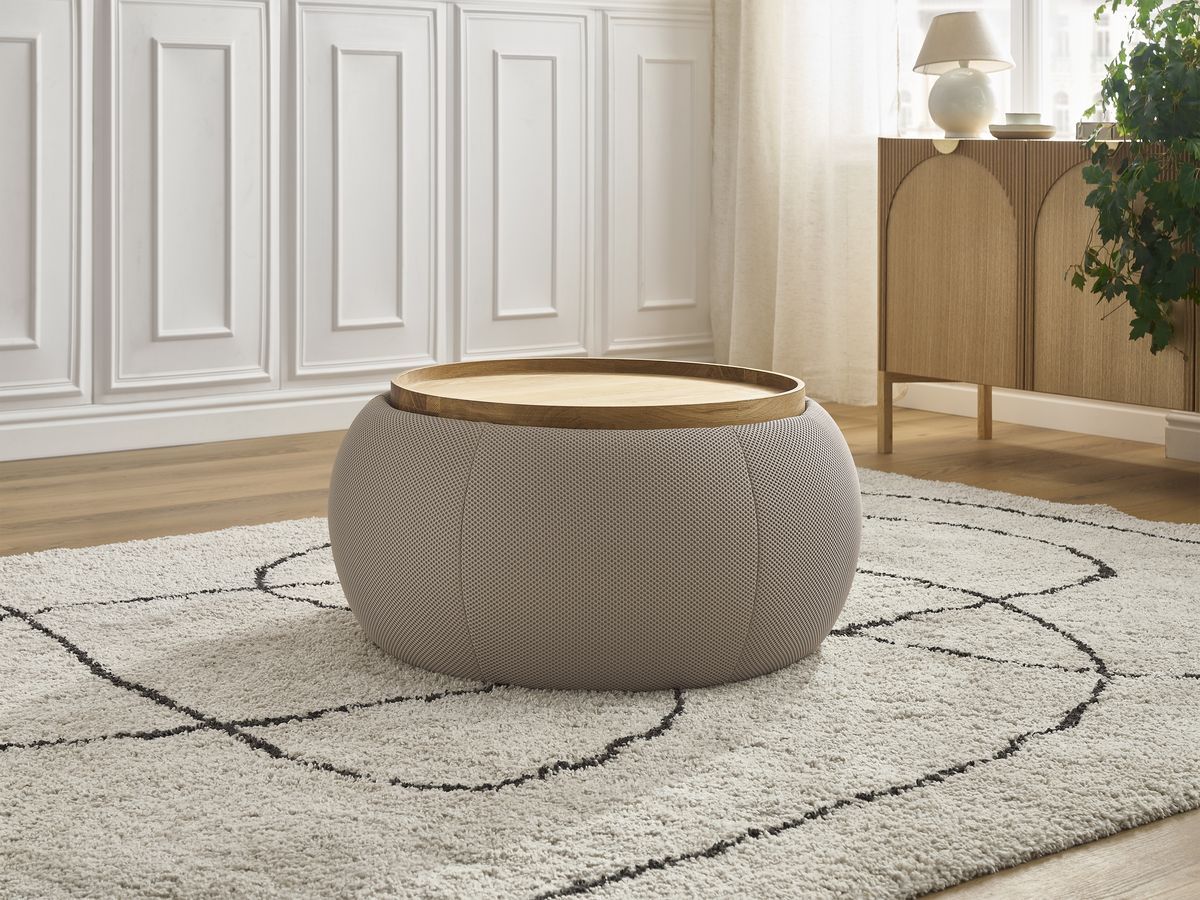 Bobochic Hayden Pouf mit Tablett, rund Mesh-Stoff Taupe, 77 cm