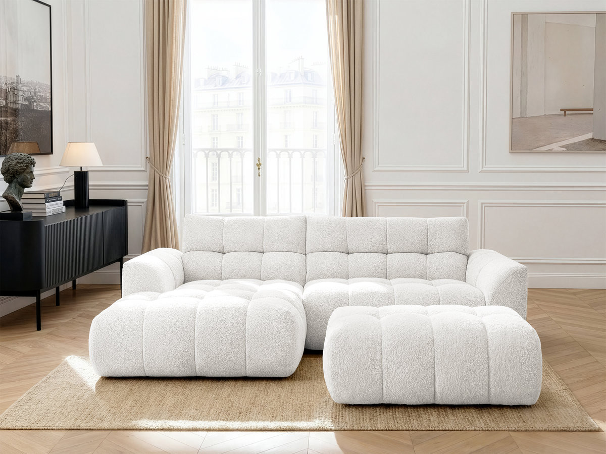 Bobochic Jaya Ecksofa mit Pouf Chenille Weiß Ecke links