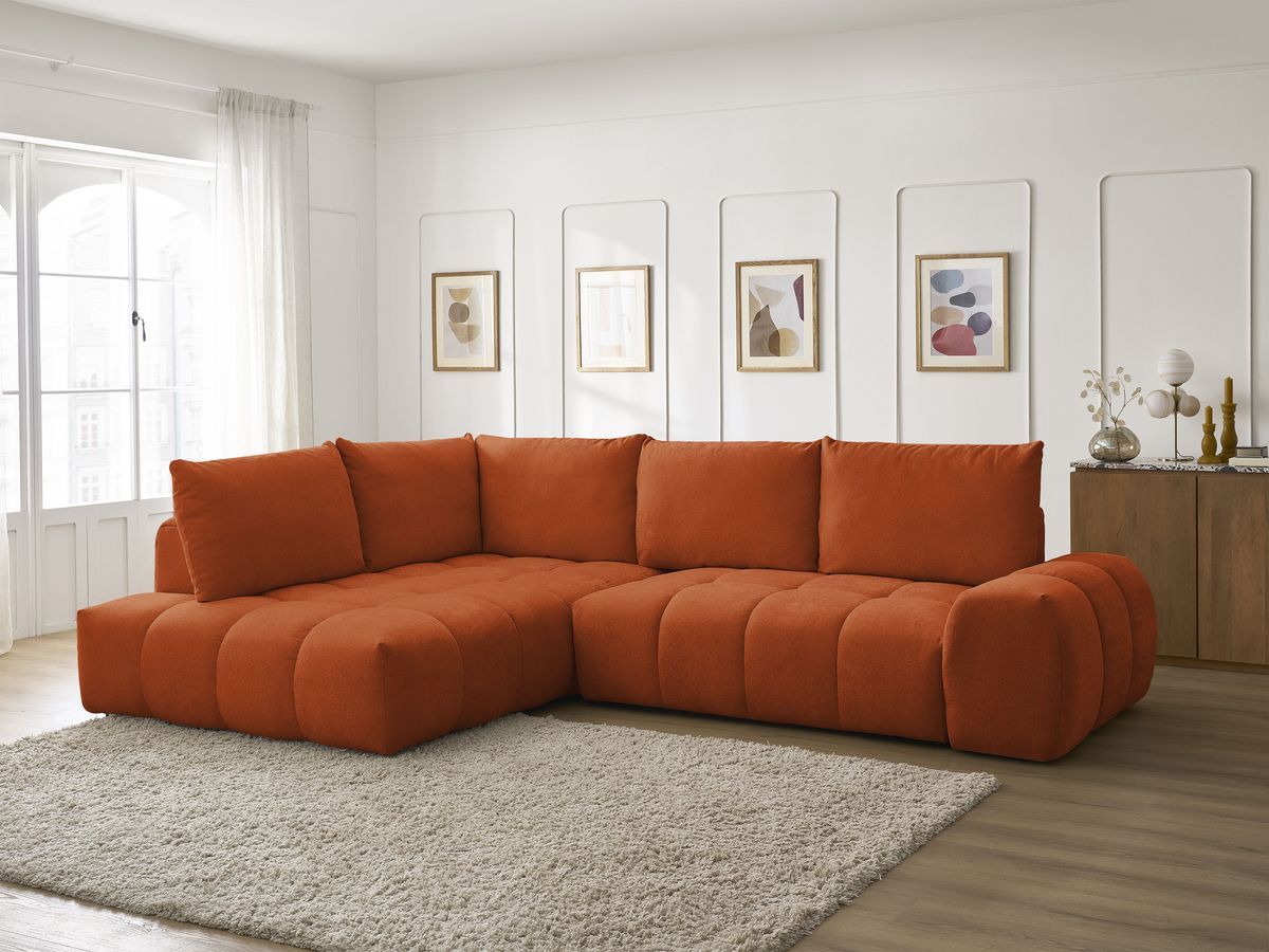 Bobochic Everest Ecksofa mit Schlaffunktion und Bettkasten 320 × 212 cm, 5 Kissen Strukturstoff Orange Ecke links
