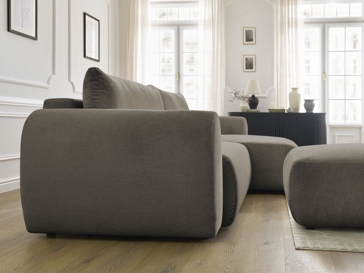 Bobochic Lucien Ecksofa mit Schlaffunktion und Bettkasten und Pouf 314 × 167 cm Stoff Taupe Ecke rechts