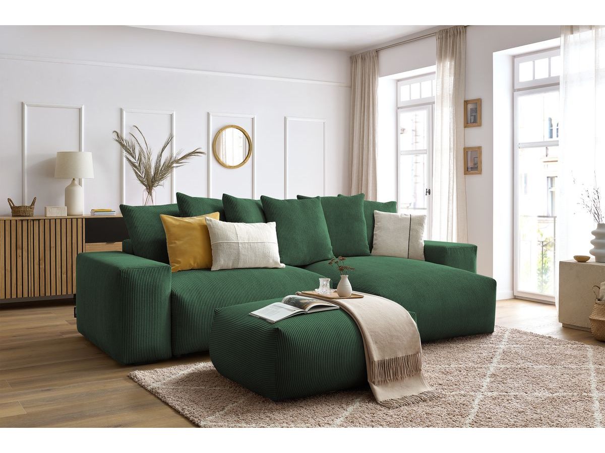 Bobochic Voltaire Ecksofa mit Schlaffunktion und Bettkasten und Pouf Cordsamt Grün