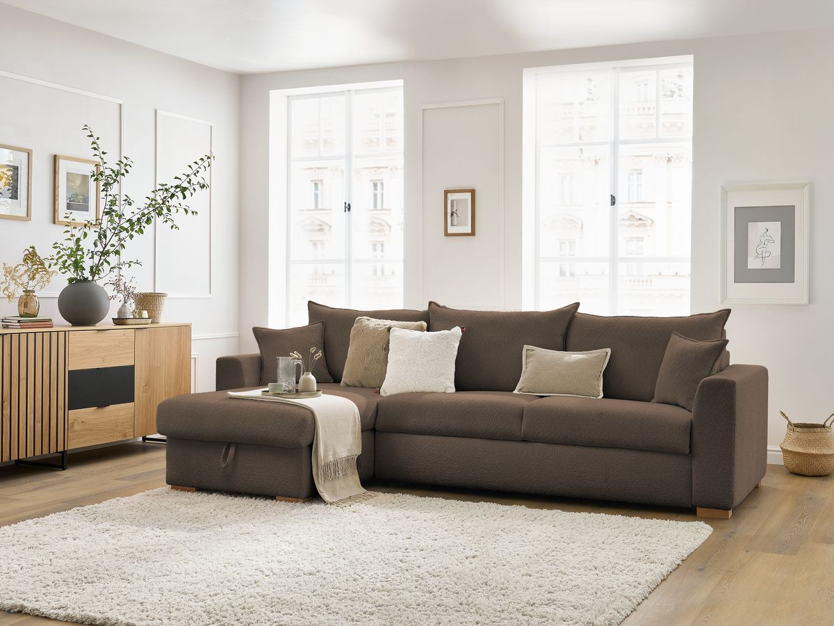 Bobochic Augustin Ecksofa mit Schlaffunktion und Bettkasten Bouclé-Stoff Braun, Liegefläche 160 × 200 cm