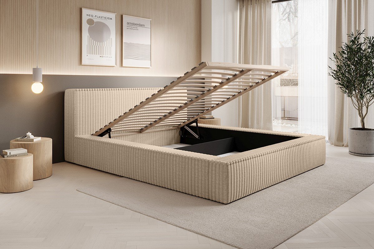 Polsterbett Lento Softcord mit Fellstruktur 140x200 mit Holzrahmen Vito 26