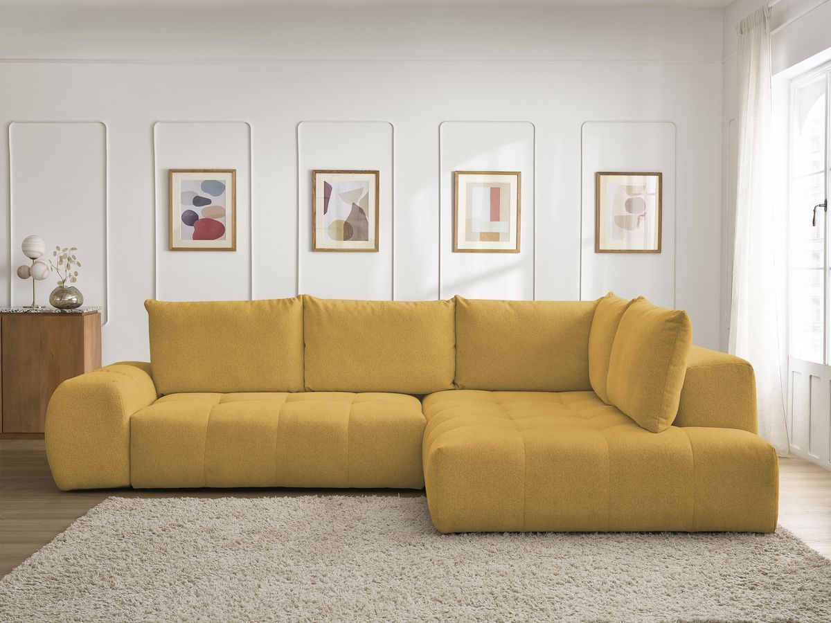 Bobochic Everest Ecksofa mit Schlaffunktion und Bettkasten 320 × 212 cm, 5 Kissen Melange-Stoff Gelb Ecke rechts