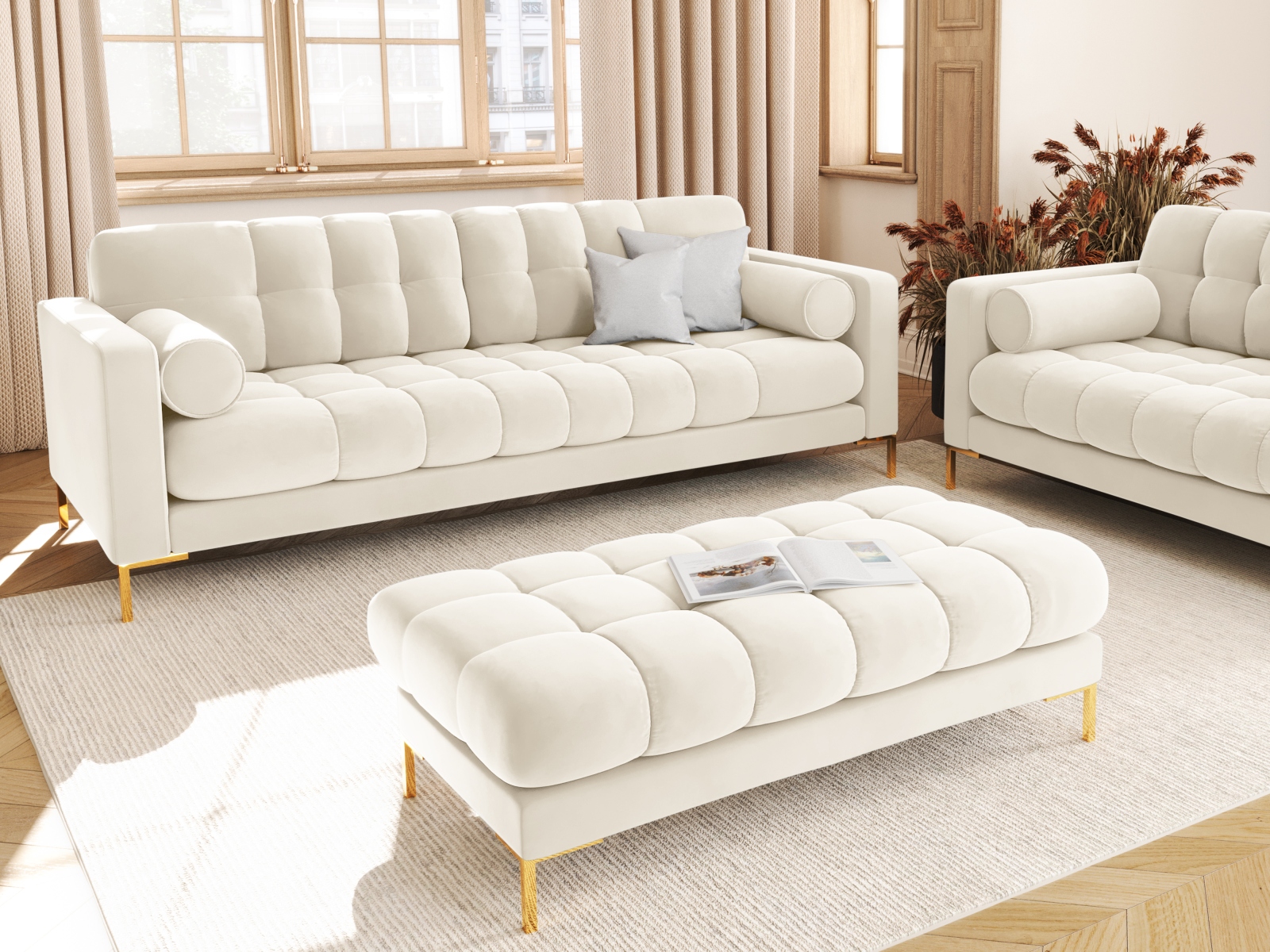 Cosmopolitan Design Sofa Bali 4-Sitzer Samt Bluvel Helles Beige Beine Gold