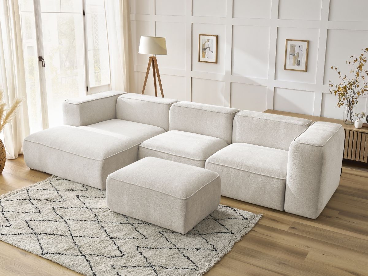 Bobochic Zephyr Ecksofa mit Pouf 349 × 165 cm Strukturstoff Weiß Ecke links