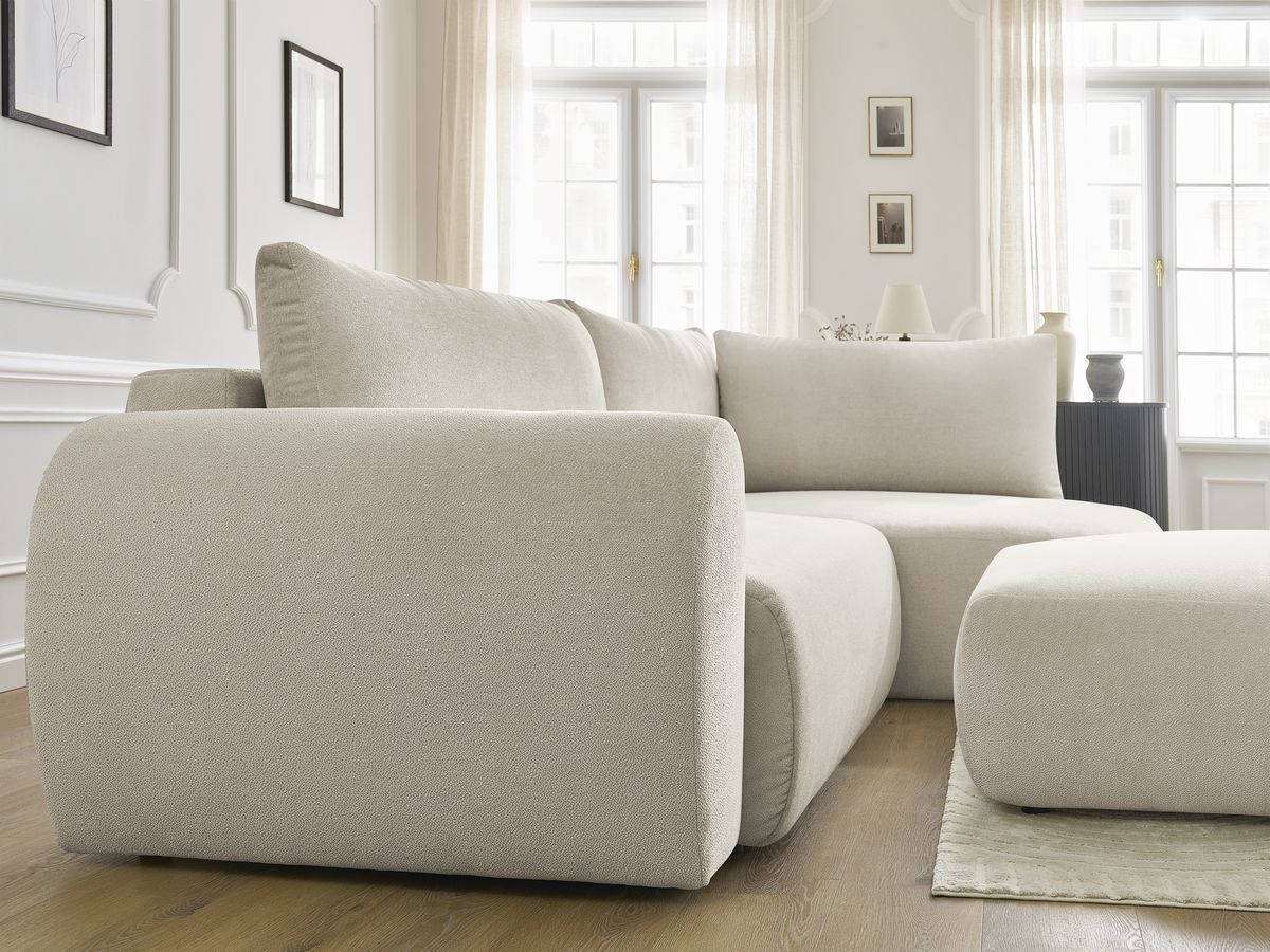 Bobochic Lucien Ecksofa mit Schlaffunktion und Bettkasten und Pouf 296 × 198 cm Stoff Beige Ecke rechts