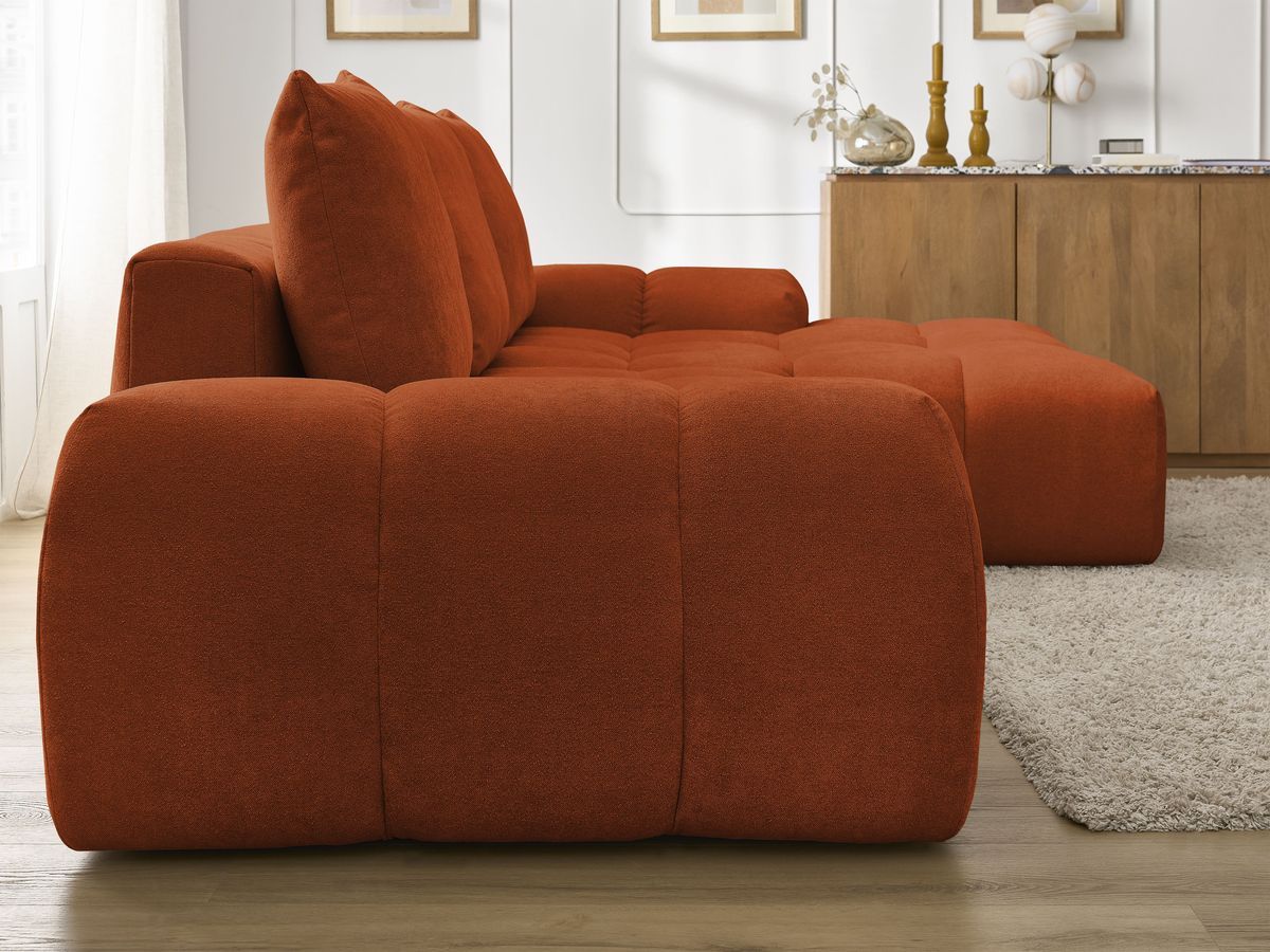 Bobochic Everest Ecksofa mit Schlaffunktion und Bettkasten 318 × 180 cm, 3 Kissen Strukturstoff Orange Ecke rechts