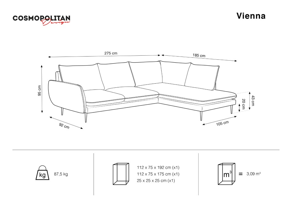 Cosmopolitan Design Ecksofa Vienna 6-Sitzer Samt Bluvel Helles Beige Rechts Beine Schwarzes Metall