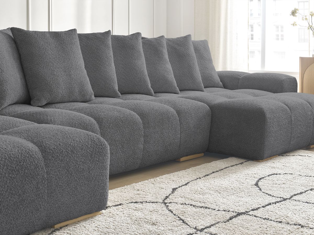 Bobochic Anakin Wohnlandschaft mit Pouf, Liegefläche 137 × 382 cm, 10 Kissen Bouclé-Stoff Dunkelgrau