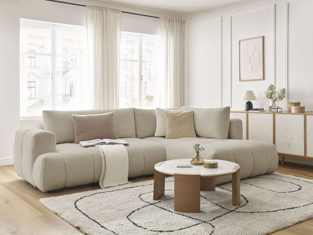 Bobochic Fuji Ecksofa mit Schlaffunktion und Bettkasten 282 × 204 cm Bouclé-Stoff Beige Ecke rechts