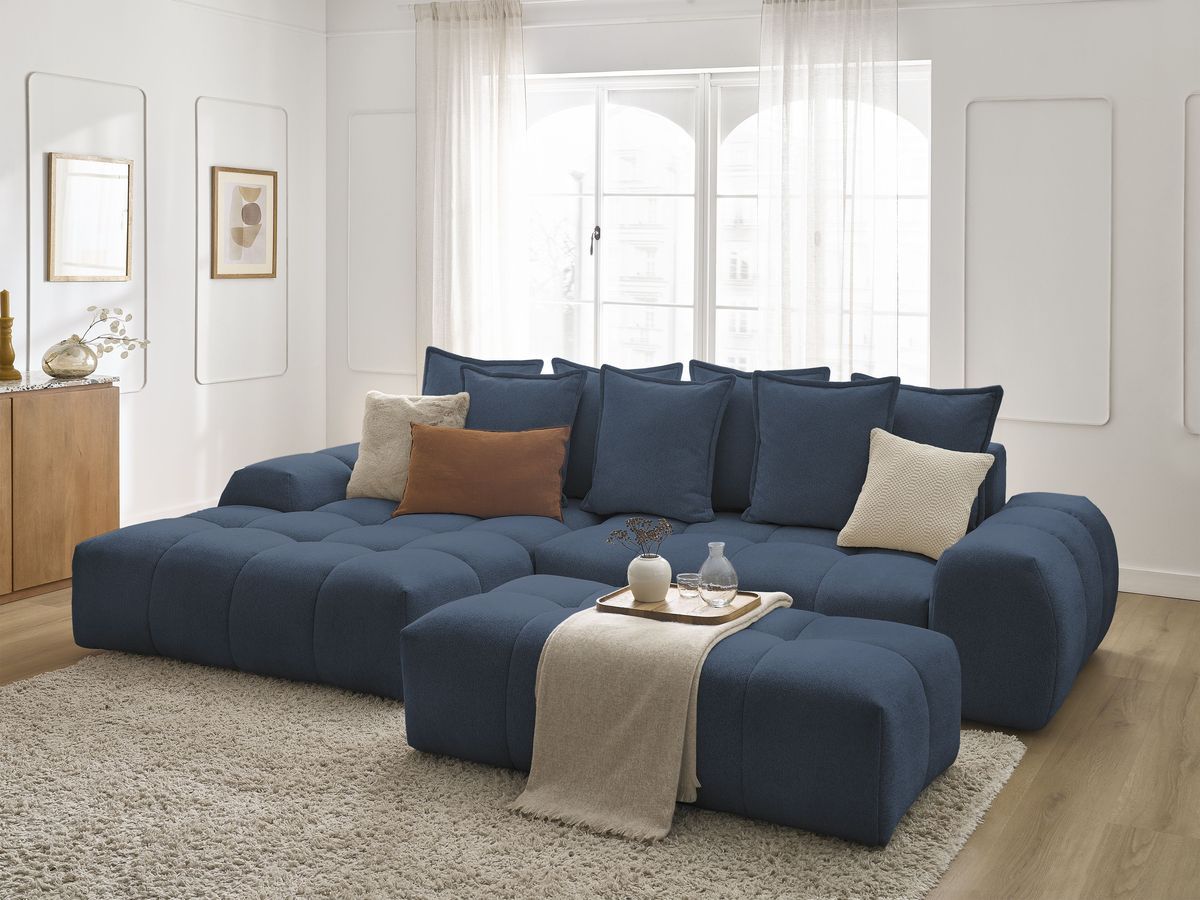 Bobochic Everest Ecksofa mit Schlaffunktion und Bettkasten und Pouf 318 × 180 cm, 7 Kissen Melange-Stoff Dunkelblau Ecke links
