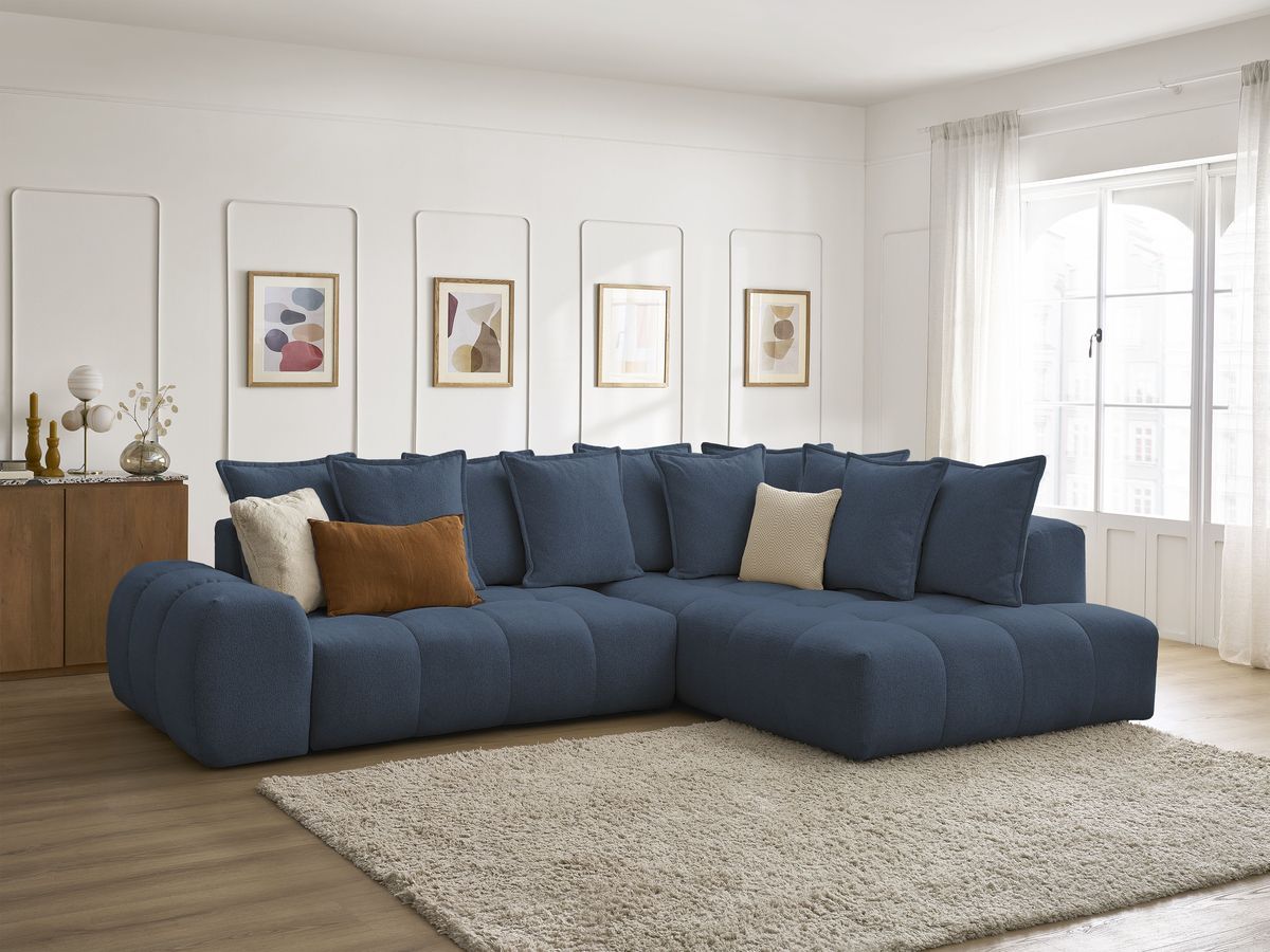 Bobochic Everest Ecksofa mit Schlaffunktion und Bettkasten 320 × 212 cm, 10 Kissen Melange-Stoff Dunkelblau Ecke rechts