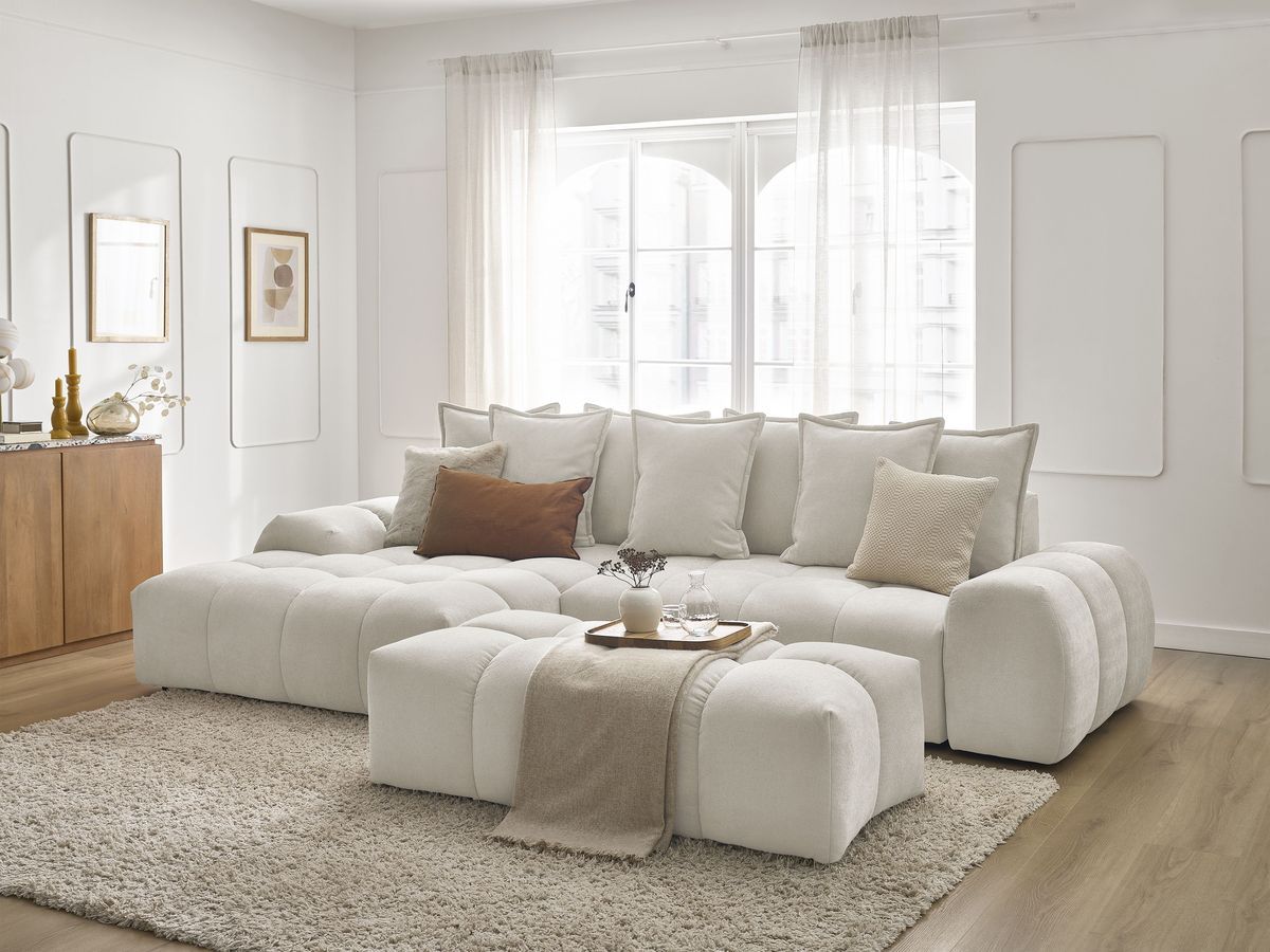Bobochic Everest Ecksofa mit Schlaffunktion und Bettkasten und Pouf 318 × 180 cm, 7 Kissen Strukturstoff Weiß Ecke links