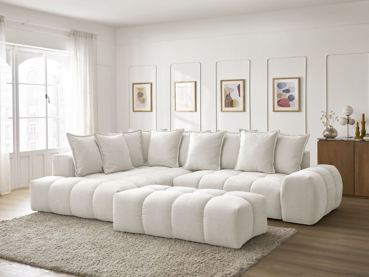 Bobochic Everest Ecksofa mit Schlaffunktion und Bettkasten und Pouf 320 × 212 cm, 10 Kissen Strukturstoff Weiß Ecke links