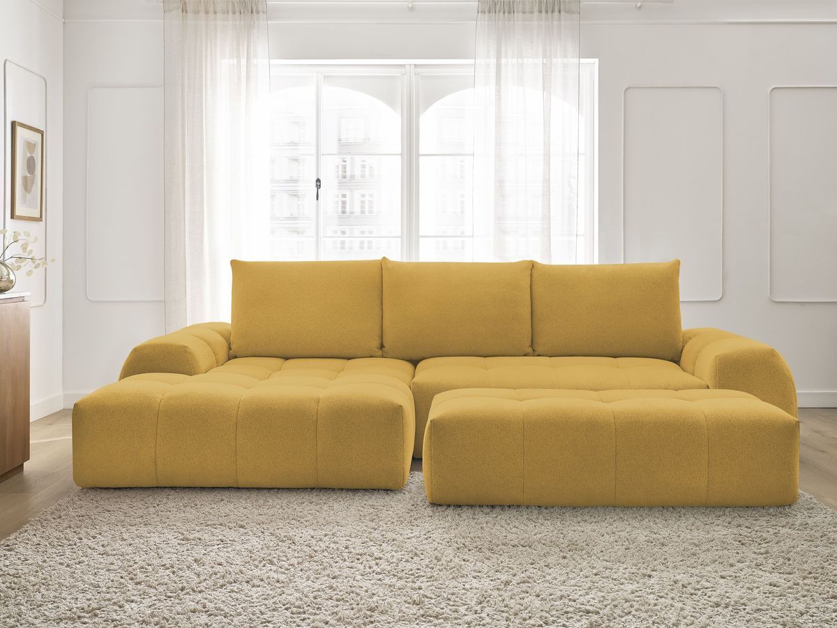 Bobochic Everest Ecksofa mit Schlaffunktion und Bettkasten und Pouf 318 × 180 cm, 3 Kissen Melange-Stoff Gelb Ecke links