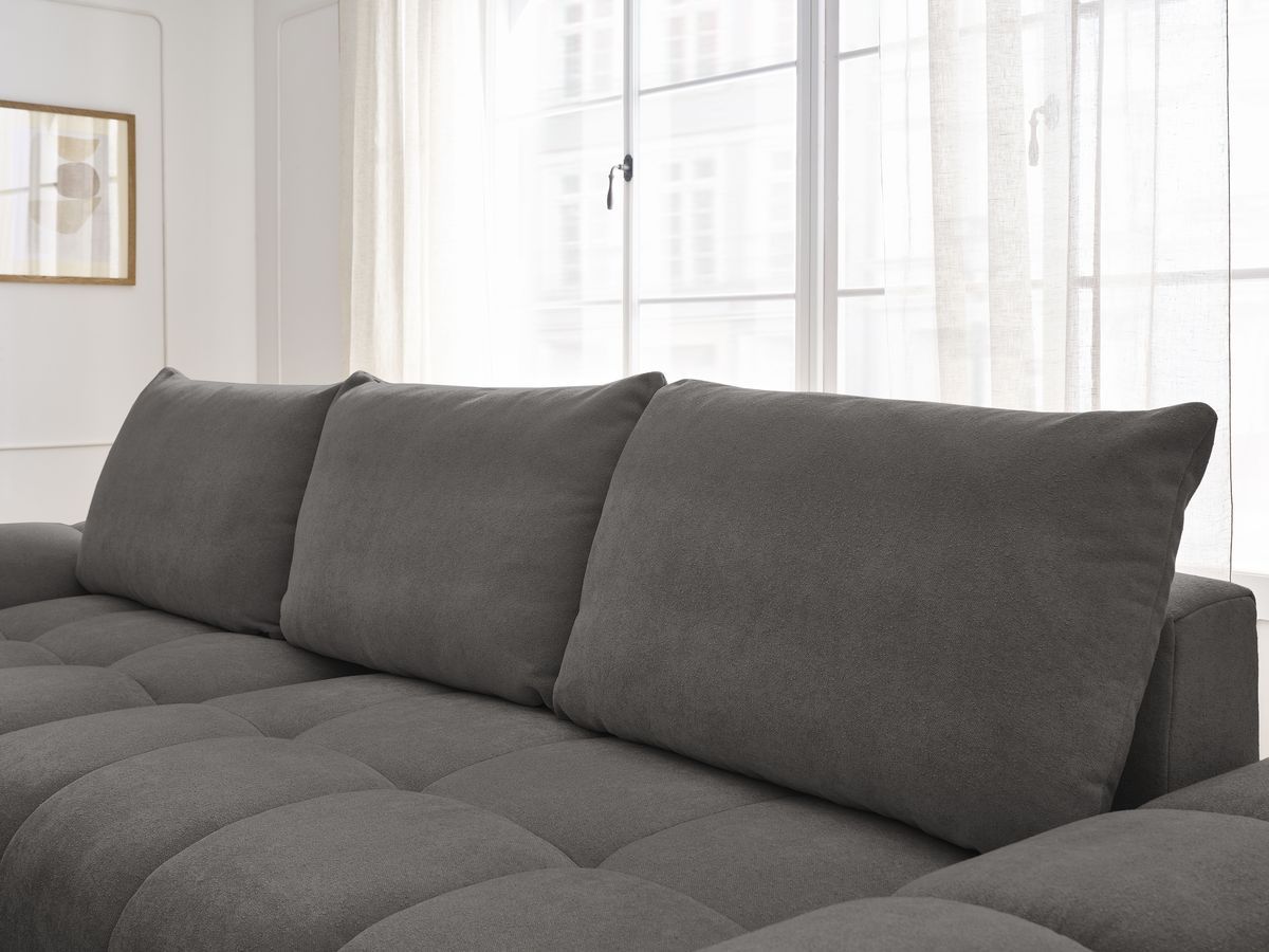 Bobochic Everest Ecksofa mit Schlaffunktion und Bettkasten und Pouf 318 × 180 cm, 3 Kissen Strukturstoff Dunkelgrau Ecke links