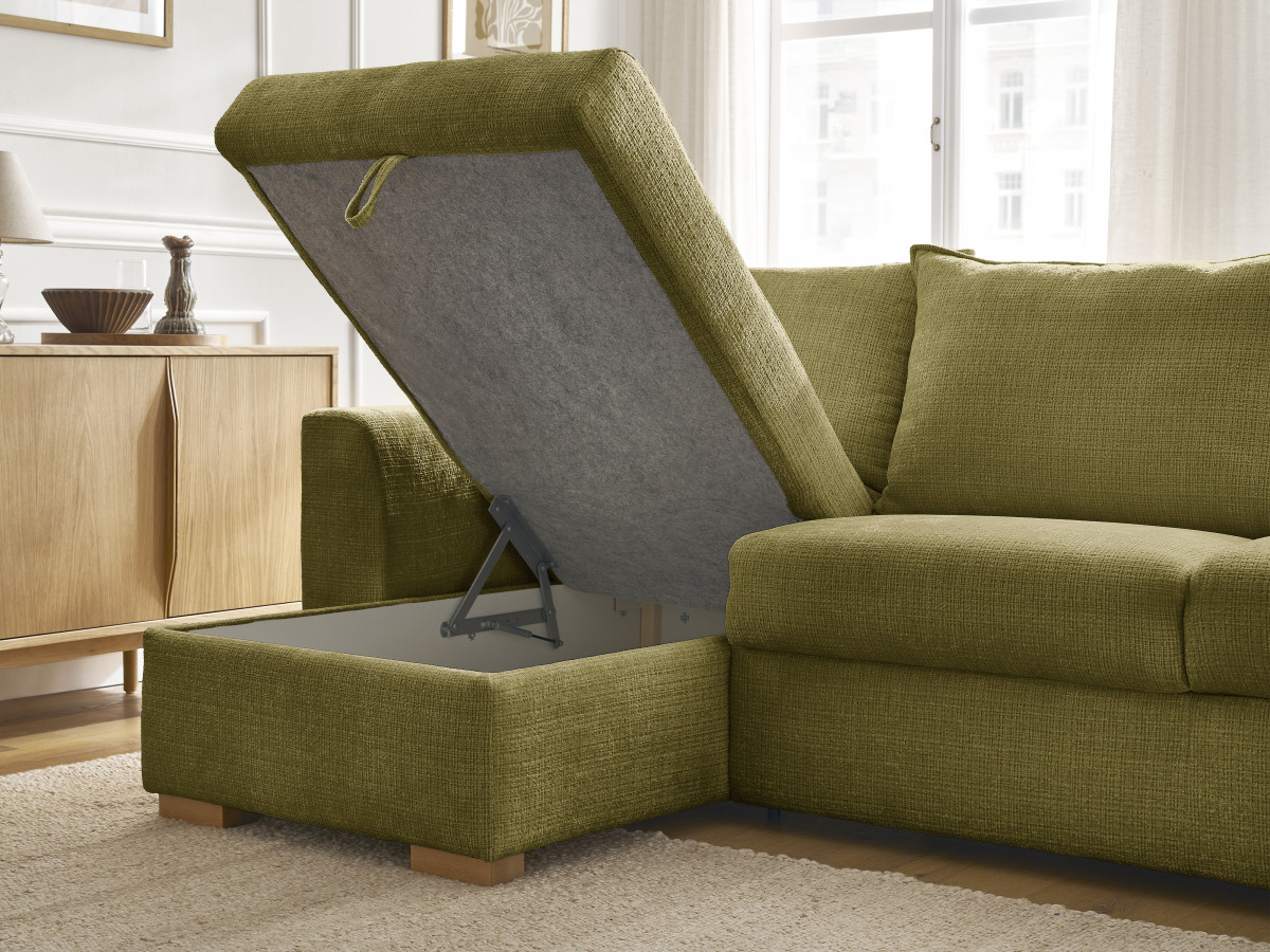 Bobochic Augustin Ecksofa mit Schlaffunktion und Bettkasten Strukturstoff Grün, Liegefläche 140 × 200 cm