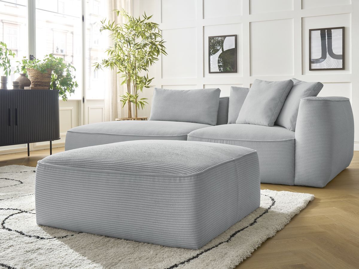 Bobochic Leopold Sofa 4-Sitzer mit Pouf Cordsamt Hellgrau Armlehne rechts
