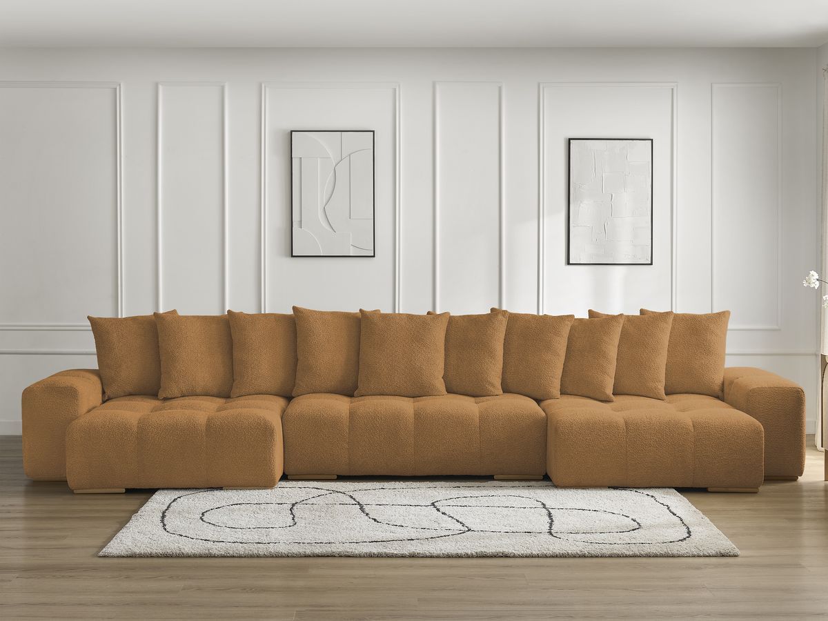 Bobochic Anakin Wohnlandschaft, Liegefläche 137 × 382 cm, 10 Kissen Bouclé-Stoff Gelb