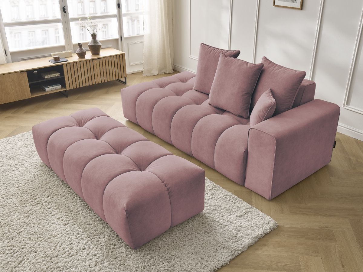 Bobochic Mont-blanc Sofa 5-Sitzer mit Pouf Samt Rosa Armlehne rechts