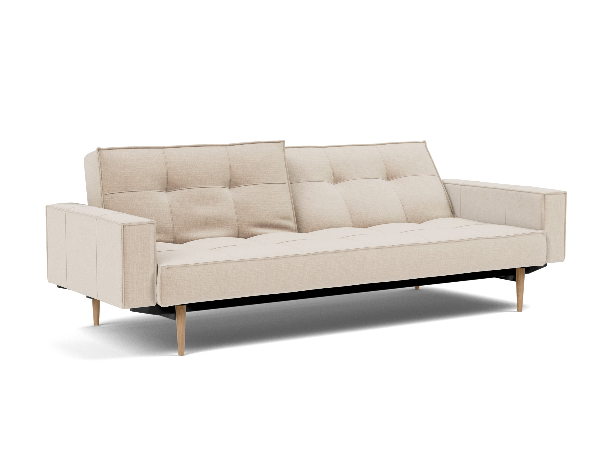 Schlafsofa Splitback mit Armlehnen Chenille Esina 410-Almond-Beige Beine Styletto Eiche hell