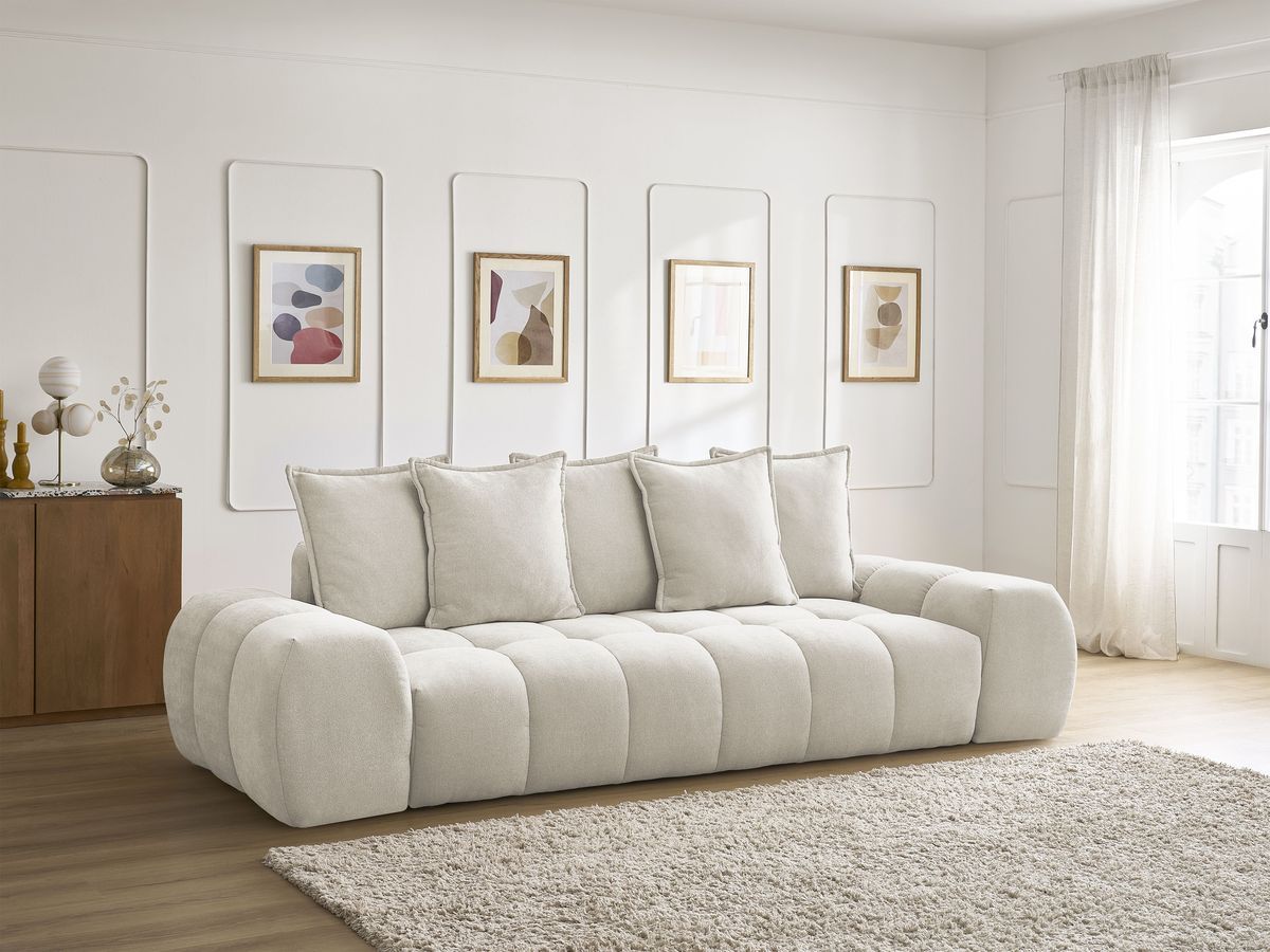Bobochic Everest Schlafsofa 3-Sitzer mit Bettkasten, 5 Kissen Strukturstoff Beige