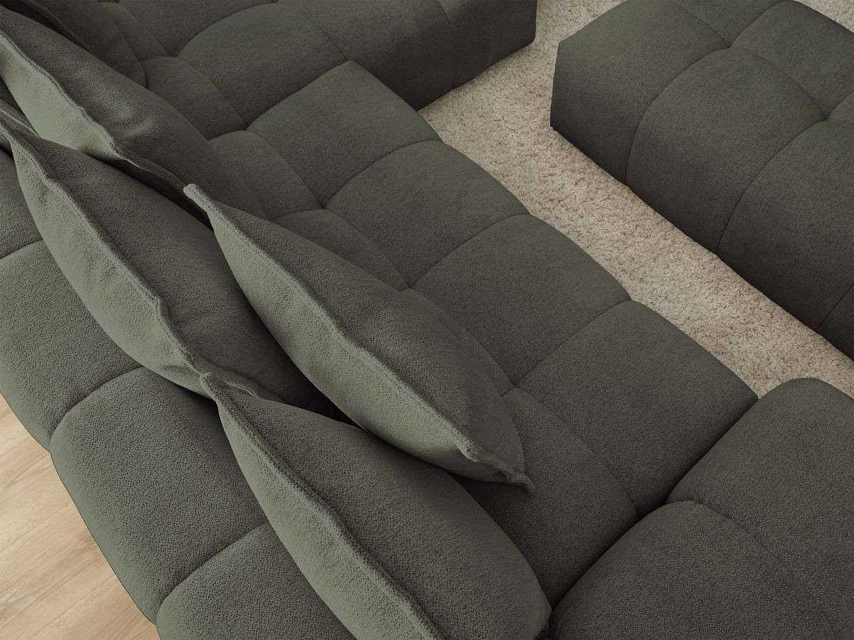Bobochic Everest Ecksofa mit Schlaffunktion und Bettkasten und Pouf 318 × 180 cm, 7 Kissen Melange-Stoff Grün Ecke rechts