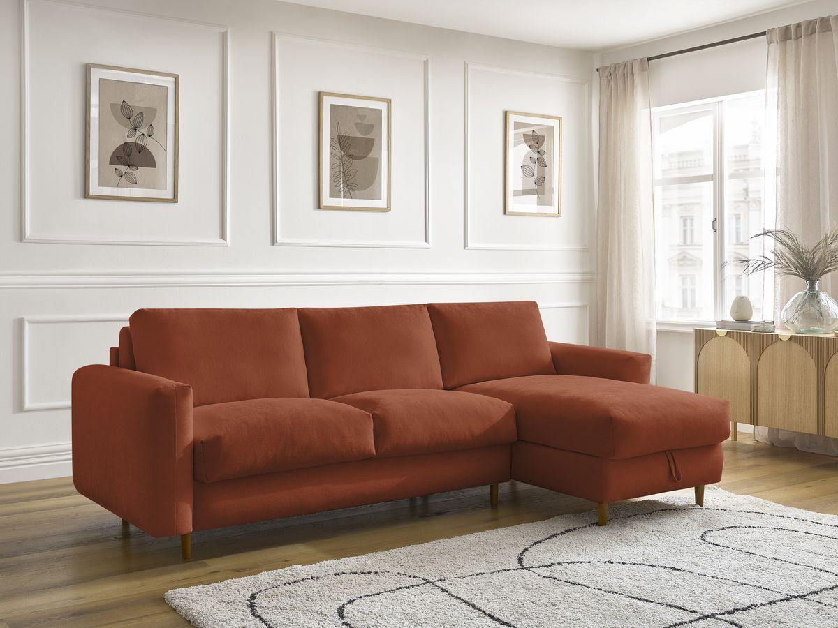 Bobochic Cocoone Ecksofa mit Schlaffunktion und Bettkasten Stoff Orange, Liegefläche 140 × 200 cm