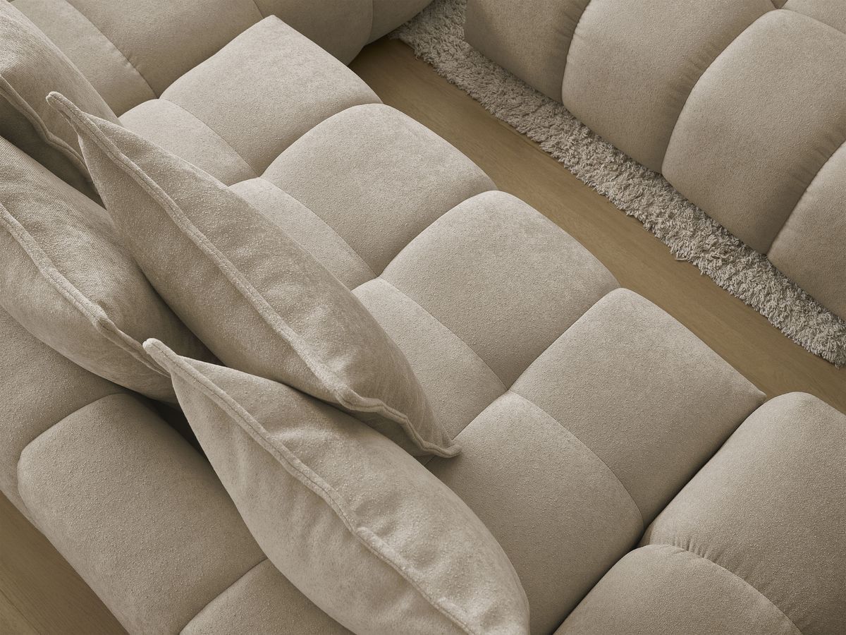 Bobochic Everest Ecksofa mit Schlaffunktion und Bettkasten und Pouf 320 × 212 cm, 10 Kissen Strukturstoff Taupe Ecke rechts