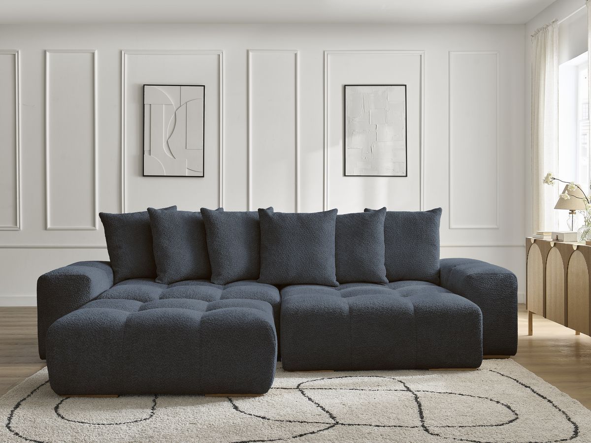 Bobochic Anakin Ecksofa mit Schlaffunktion und Bettkasten und Pouf, 6 Kissen Bouclé-Stoff Dunkelblau